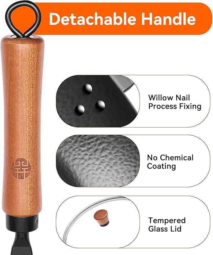 WANGYUANJI 11" Iron Skillet with Glass Lid & Griddle Spatula, Flat-Bottom Frying Pan, Uncoated & Unseasoned, Induction/Gas/Electric Compatible, Wooden Handle (Seasoning Required)