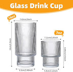 Drinking Glasses Set of 4, 16oz Glass Cups & 7oz Glasses Drinking Set, Stackable Drinkware Set, Vintage Glassware for Iced Coffee, Whiskey, Juice, Cocktail