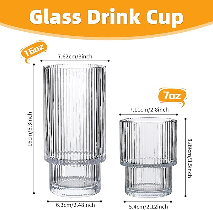 Drinking Glasses Set of 4, 16oz Glass Cups & 7oz Glasses Drinking Set, Stackable Drinkware Set, Vintage Glassware for Iced Coffee, Whiskey, Juice, Cocktail