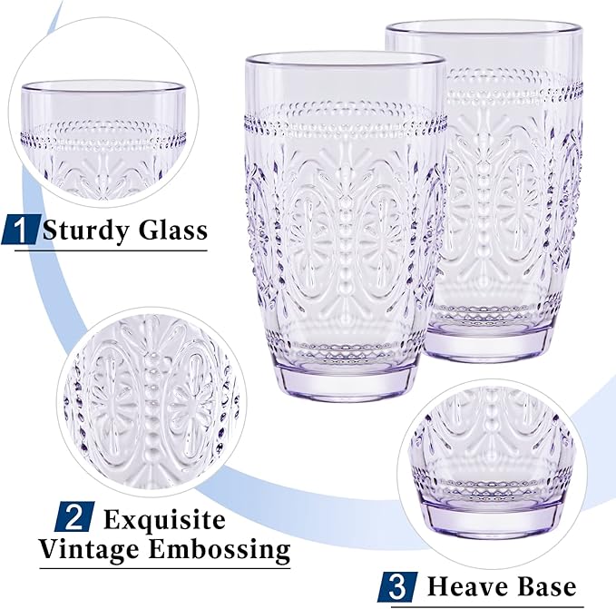 CREATIVELAND Colored Vintage Drinking Glasses Set of 4, 15.5 oz Romantic Embossed Water Glasses, Colored Tumblers Tempered Glass for Juice, Beverages, Beer, Cocktail