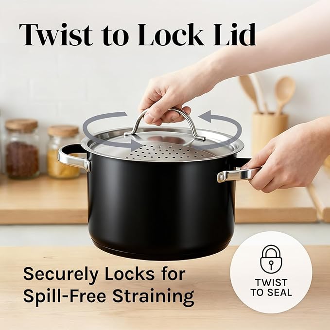 Cooler Concepts Pasta Pot with Strainer Lid - 5.5 Quart Large Spaghetti Pot - Twist & Lock for Easy Drain & No Colander Or Strainer Basket Insert Needed - Dishwasher Safe Pots