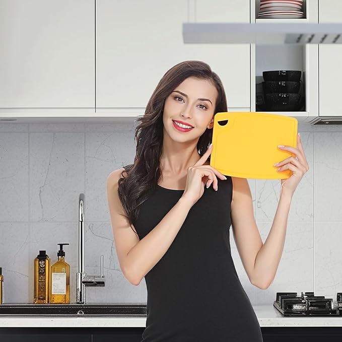 Liflicon Thick Silicone Cutting Boards for Kitchen Silicone Chopping Boards/Mats Set of 2 Extra Large14.6''x10.43'', Mini 9.1”x7.1” Non-slip Deep Drip Juice Groove, Dishwasher Safe-Yellow