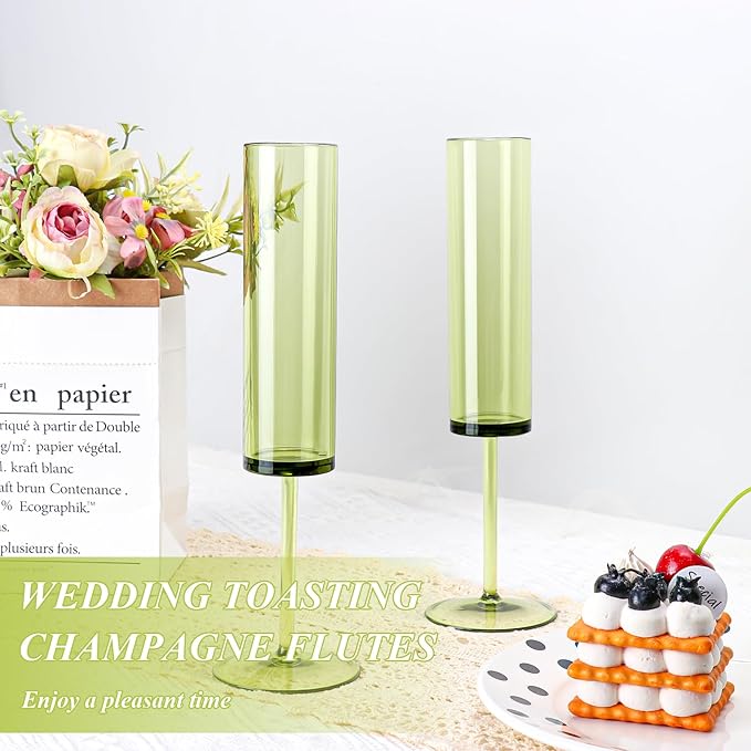 12 PCS Green Champagne Flutes Plastic 5.4OZ Clear Acrylic Champagne Glasses Long Stem Champagne Flutes Sparkling Wine Glasses Sage Green Champagne Glasses FOR Wedding Cocktail Cups Cava Prosecco