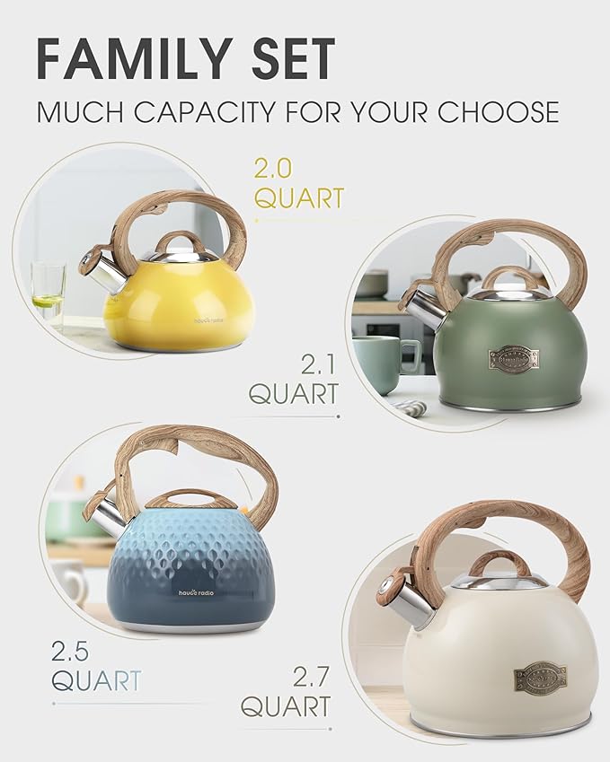 Hauce Radio Tea Kettle Stovetop, Black Tea Kettles-2.1 Quart Loud Whistle Stovetop Teapot,Food Grade Stainless Steel with Wood Pattern Handle, Unique Button Control Kettle Outlet for Tea, Coffee