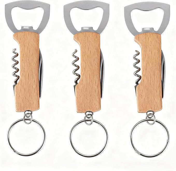3-in-1 Bottle Opener Keychain (3 Pack), Wooden Handle Corkscrew, Foil Cutter & Beer Opener, Portable Key Ring Bar Tool for Home, Camping, Travel & Outdoor Use