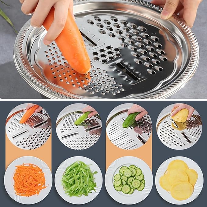 Germany Multifunctional Stainless Steel Basin, 3 in 1 Vegetable Grater Julienne Slicer Stainless Steel Colander, Fruit Slicer for Kitchen Vegetable Slicer Grater Strainer Drain Basket (11in, Silver)