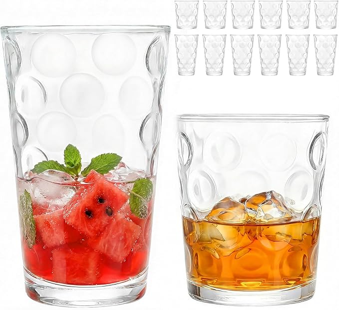 Moretoes Circle Drinking Glasses Set of 12, Mixed Glassware Set, Clear Water Glass Cups,16 Oz Highball Tumblers &12 Oz Rock Whiskey for Cocktail, Whisky and Other Beverages