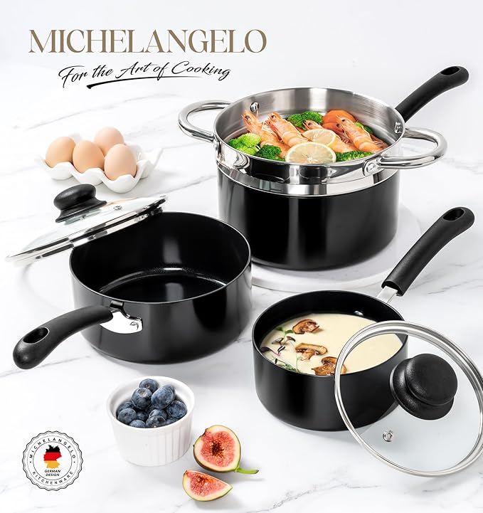 MICHELANGELO Nonstick Saucepan with Lid, Ceramic Sauce Pan Sets, Easy to Clean Sauce Pans, Multi-Purpose Cooking Pots, 1QT & 2QT & 3QT, Silver