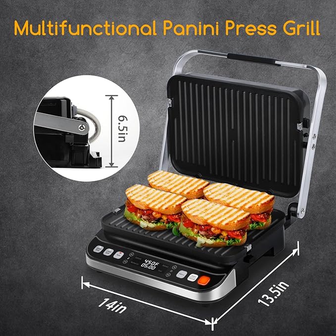 Taylor Swoden Panini Press Waffle Maker, 1600W Electric Indoor Grill with Non-Stick Double Sided Plates, LED Touch Screen, Independent Temperature Control, Opens 180 Degrees, Stainless Steel