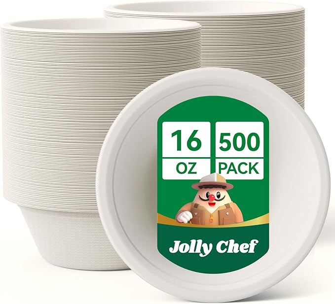 JOLLY CHEF Compostable Disposable Paper Bowl [16 oz] Heavy Duty Soup Containers [500 Pack] Biodegradable Bagasse Hot Cold Food Eco-Friendly Sugarcane Microwavable Bowls for Salad Milk Dinner Christmas