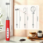 Colarlemo Milk Frother Handheld Rechargeable, Frother Wand Drink Mixer Electric Whisk for Coffee, Detachable With 3 Stainless Whisks, Hand Mixer for Lattes, Cappuccino, Matcha, Egg, No Stand, Red