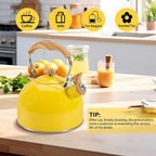 Tea Kettle,Whistling Tea Kettle Stovetop 2.6 Quart, Tea Pots for Stove Top Food Grade Stainless Steel,Wood Pattern Handle(Yellow),With Anti Scald Towel