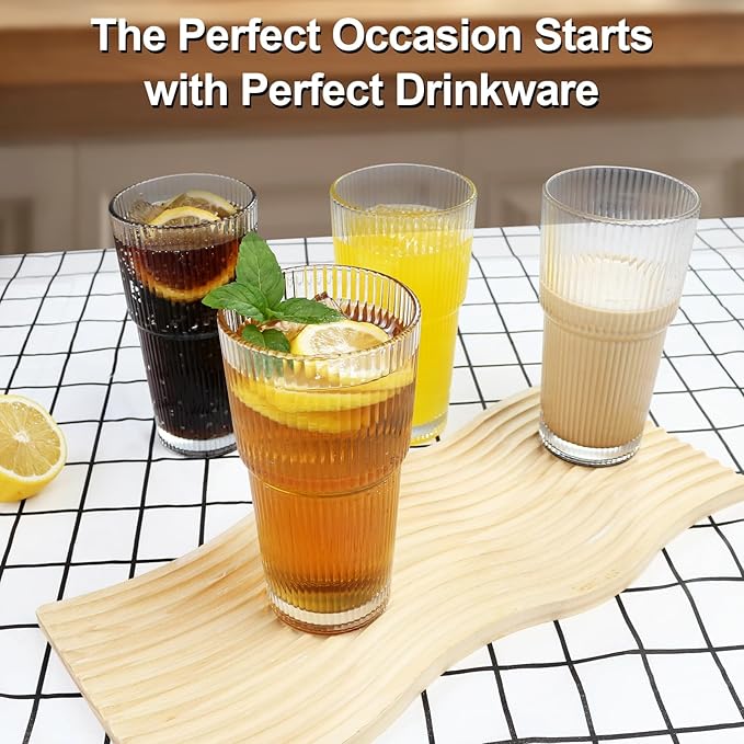Drinking Glasses，19oz Ribbed Glassware, 4 Pack Old Fashioned Glasses,Thickened glass for iced coffees, smoothies, cocktails and juices, perfect for families and parties (4)