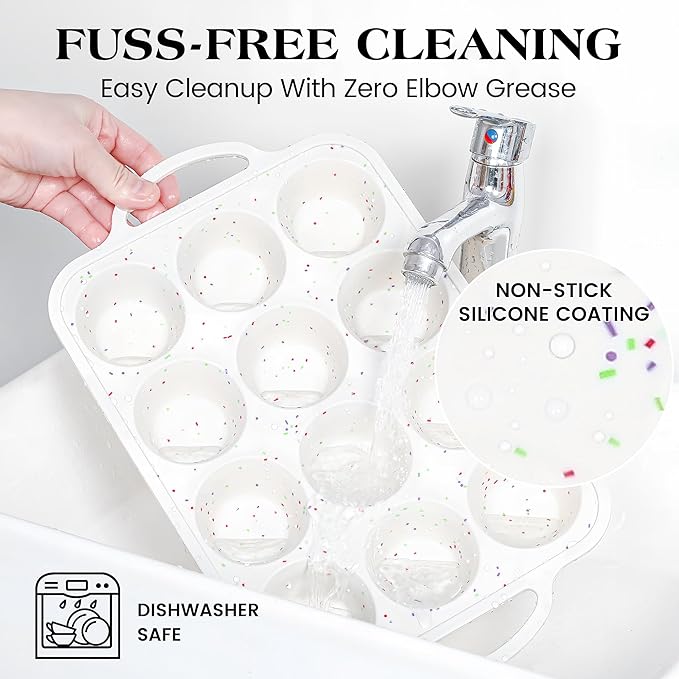 2 Pcs Silicone Muffin Pan for Baking with Metal Frame, Nonstick 12 Cup Regular Size Cupcake Pan, Silicone Muffin Tray for Egg Bites (Cream)