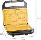 Warner Brothers Harry Potter Dual Sandwich Maker by Select Brands - Ceramic Coated Cooking Plates - Imprints Hogwarts Crest and Harry Potter Glasses on Toasted Sandwiches, Black and Gold, WBH-100SM