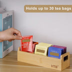 HTB Small Tea Bag Holder Pack of 2, Bamboo Tea Organizer 3 Compartments for Beverage Suppliers, Sweeteners, Individual Packets, Portable Tea Bag Organizer for Home Kitchen Counter or Office
