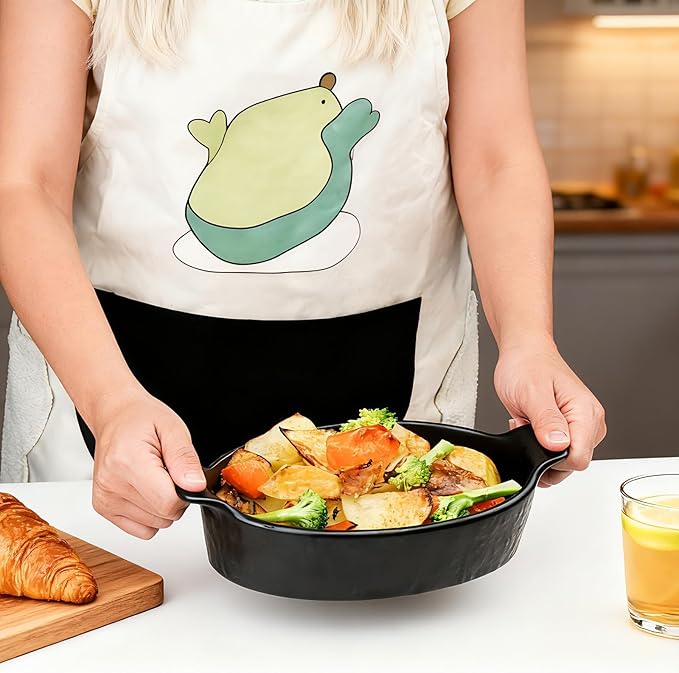 Oval Au Gratin Baking Dishes Set of 4 9" x 5" 19 oz matte black Ceramic Oven Safe & Heat Resistant With Handles for Small Mini Casseroles Cooking & Serving
