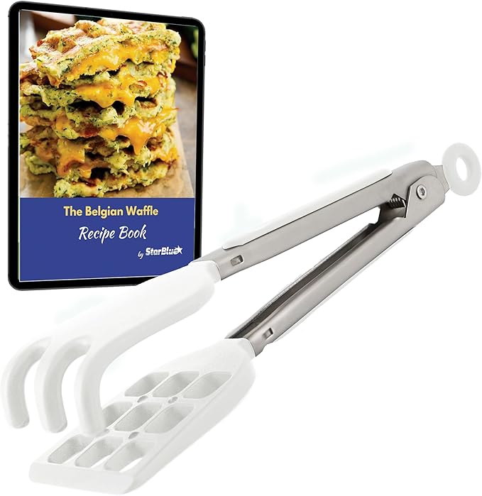 Mini Waffle Tongs by StarBlue White – 8 Inches Silicone and Nylon Serving Tongs with Non-Slip Smooth Handles, Non-Scratch and Dishwasher Safe, Multipurpose Spatula Tongs for Belgian Waffle Serving
