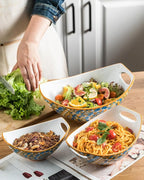 LAUCHUH Serving Dishes for Entertaining, Porcelain Serving Bowls with Handles Bohemian Salad Bowls Set Nesting Bowls for Mother's Day Party, Set of 3, 15/28/49 oz, Blue and Yellow