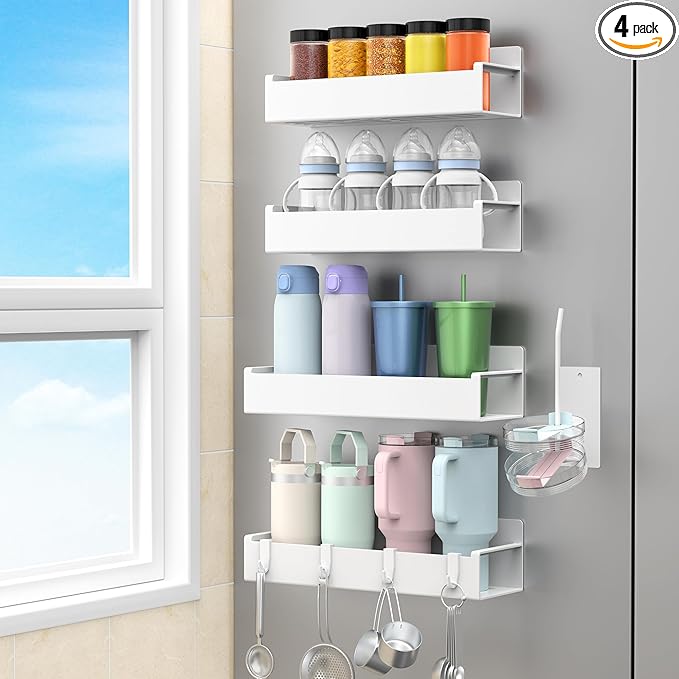 Magnetic Water Bottle Holder for Refrigerator, Cup Holder Organizer for Stanley and Tumbler for Kitchen, 4 Pack, White