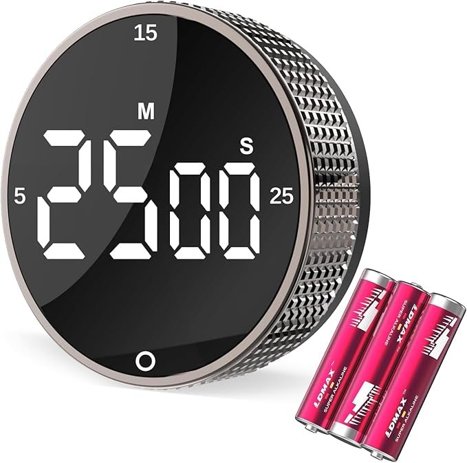 Digital Kitchen Timer, Large Display Magnetic Countdown Countup Timer, 3 Preset Times (5, 15, 25),Volume & Brightness Adjustable for Cooking Classroom Studying, Easy for Kids(Gunmetal 1PCS)