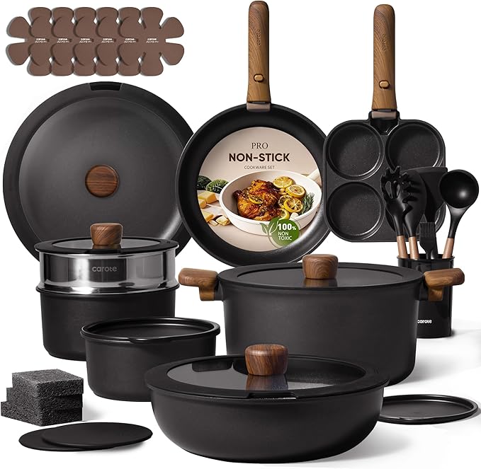 CAROTE 33pcs Pots and Pans Non Stick, Cookware Sets Detachable Handle, Induction Kitchen Pots and Pans,NonStick Cooking Set, Oven/Dishwasher/Fridge Safe, Space Saving