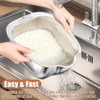 Rice Washer Strainer Bowl, Stainless Steel Washing Bowl whit Side Drainers, Versatile Square Quinoa Colander for Cleaning Rinsing Fruits, Vegetables, and Beans - Multifunctional Drain Basket