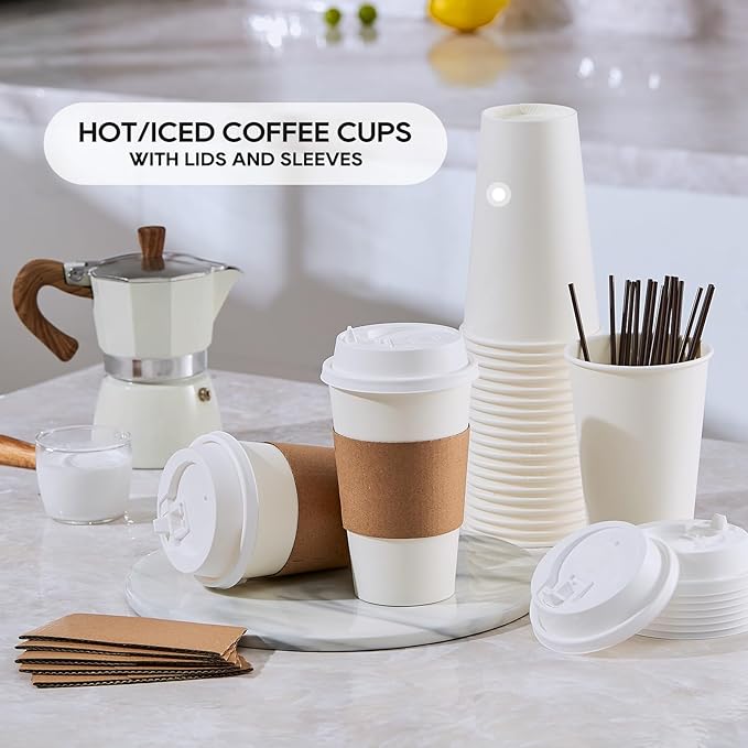 JOLLY PARTY [50 Pack] 20 oz Paper Coffee Cups, Disposable Paper Coffee Cup with Lids, Sleeves, and Stirrers, Hot/Cold Beverage Drinking Cup for Water, Juice or Tea, Suitable for Home, Shops and Cafes