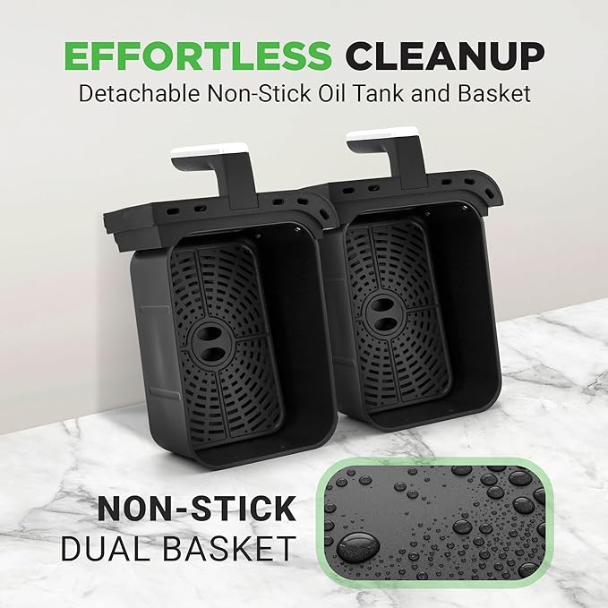 Nutrichef Double Basket Air Fryer 8.8 QT | Family Size Oil Free Airfryer with Transparent Window | 9-1 Preset Cooking Options | 360° Hot Air Circulation Technology | 4.4 QTs per Basket | Black