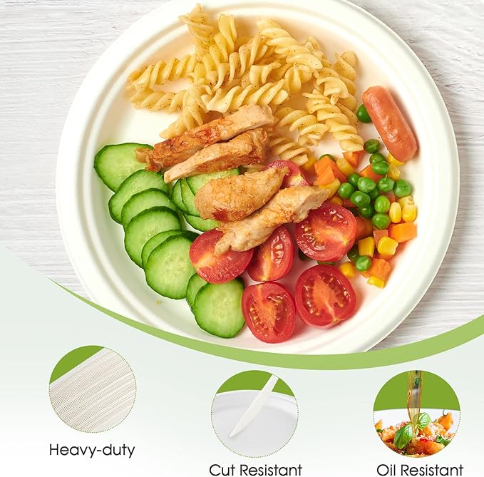 ECOLipak 100% Compostable 10 Inch Heavy Duty Paper Plates, 150 Pack Disposable Biodegradable Eco-friendly Sugarcane Bagasse Plates for Thanksgiving Party(White)