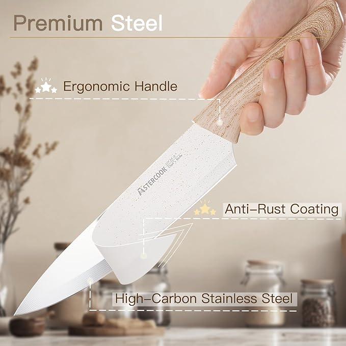 Astercook Knife Set, 13 Pieces Kitchen Knives Set with Ceramic Coating, Stainless Steel Chef Knife Sets with 6 Blade Guards, Dishwasher Safe Knives with Wooden Handle, White