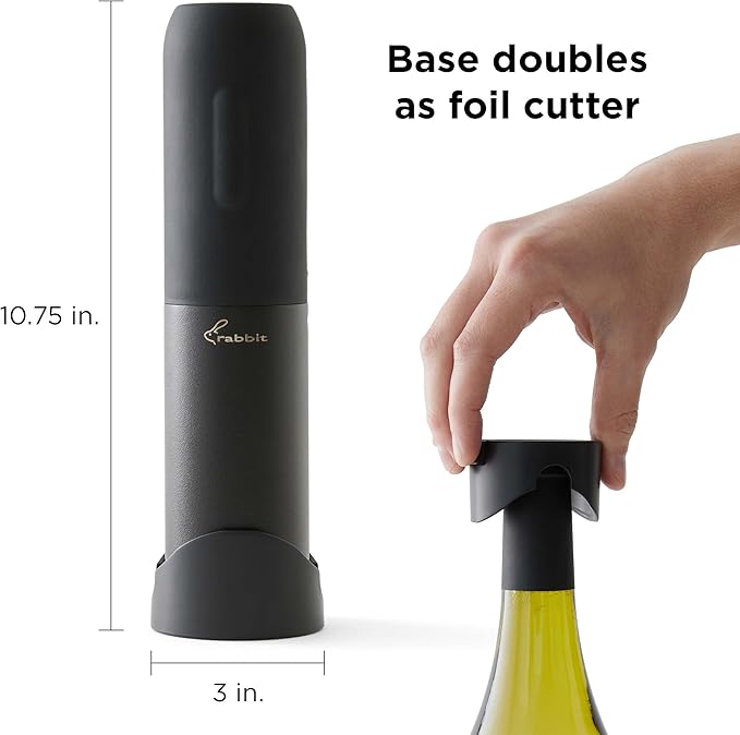 Rabbit Compact Electric Corkscrew Wine Bottle Opener | Cordless and Portable Design | Effortless One-Touch Operation | Black, 10.75 Inch