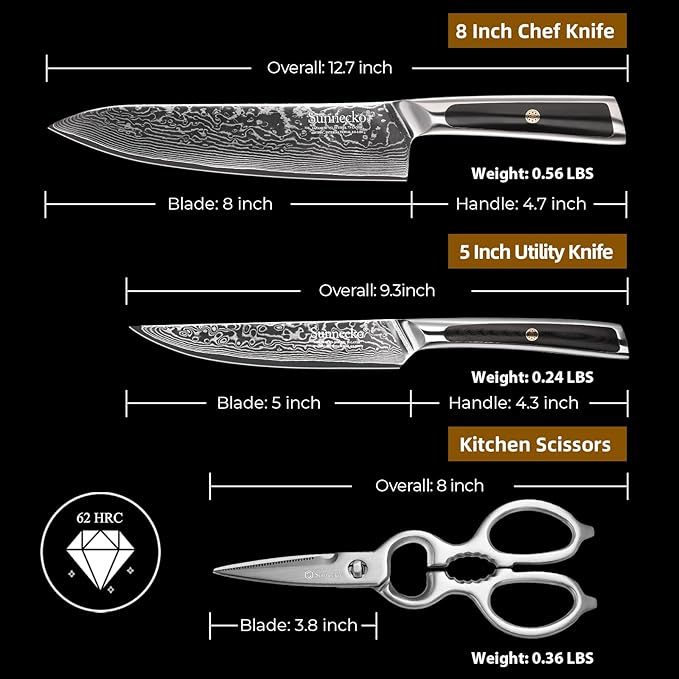 Sunnecko Damascus Kitchen Knife Set 3 Piece, Sharp Chef Knife Set with Kitchen Scissors, Professional Kitchen Knives Sets Full Tang with Gift Box