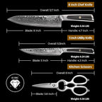 Sunnecko Damascus Kitchen Knife Set 3 Piece, Sharp Chef Knife Set with Kitchen Scissors, Professional Kitchen Knives Sets Full Tang with Gift Box