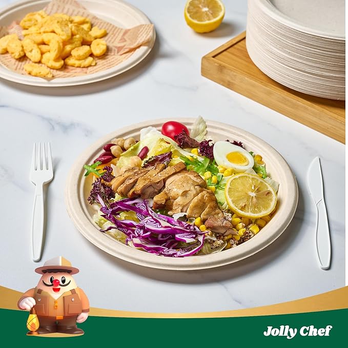 JOLLY CHEF 100% Compostable Paper Plates, 150 Pack 9 Inch Heavy Duty Plates, Disposable Biodegradable Eco-Friendly Sugarcane, Bulk Nature