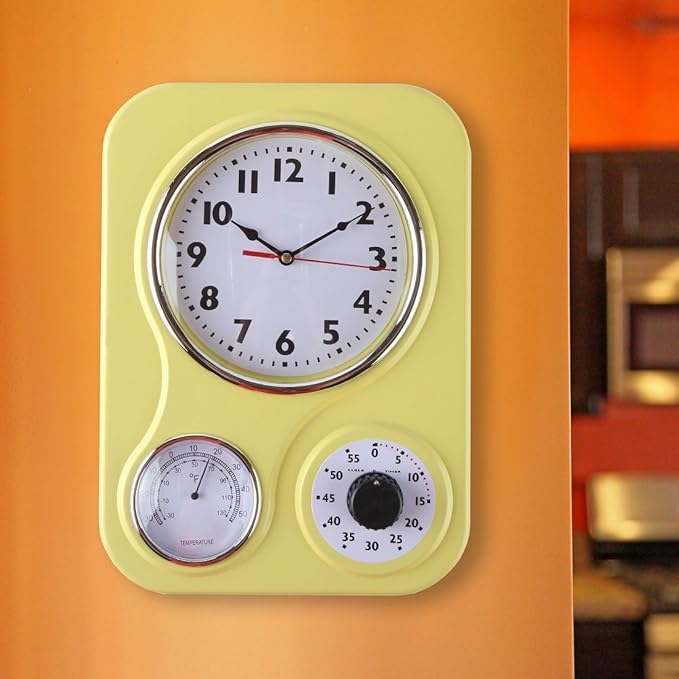 Lily's Home - 9.5 Inch x 12.5 Inch - Retro Kitchen Wall Clock, Vintage Wall Clock with a Thermometer and 60-Minute Timer, Ideal for Any Kitchen, Office, or Diner (Yellow)