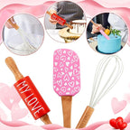 Fuutreo Valentines Holiday Mini Bake Set with Mini Spatula, Whisk and Rolling Pin, Sweetheart Pattern, Heat Resistant, Valentine Sweet Gift Bake Set for Baking Cooking Sauteing Mixing Serving Stirring