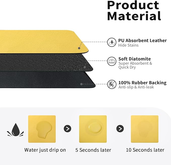 HotLive Dish Drying Mat for Kitchen Counter, Heat Resistant Drainer Mats with Non-slip Rubber Backed, Hide Stain Kitchen Super Absorbent Draining Mat, Easy to Clean Dish Rack Pad, Yellow 16"x18"