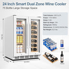 Wine and Beverage Refrigerator, 24 Inch Beverage Cooler Dual Zone with Glass Door, Under Counter Beverage Fridge with Upgraded 65 Cans 18 Bottles Large Capacity, White