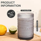 JOVGANK Grey Vintage Hobnail Drinking Glasses Set of 6, Embossed Water Tumbler 15oz, Kitchen & Bar Beaded Highball Glasses, Beverage Glass Cups for Water, Beer, Juice, Housewarming, Mother's Day Gift