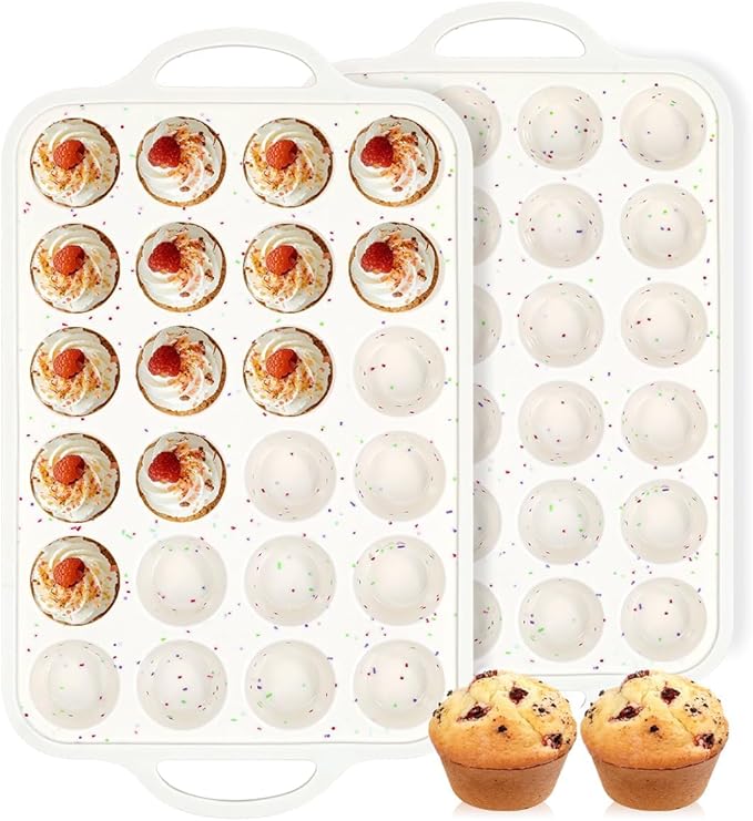 FUNBAKY Silicone Mini Muffin Pan, Metal Reinforced Frame 24 Cups Nonstick Mini Cupcake Pans with Handles Easy to Move for Baking Muffin, Cupcake, Egg Bites Oven Safe, Silicone Molds 2 Pack Confetti