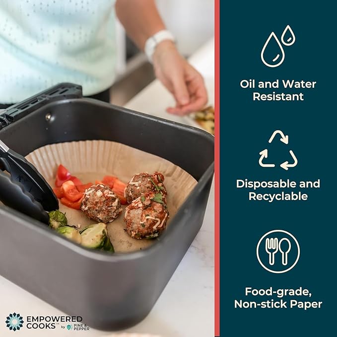 Cathy Yoder's AirFryer Paper Liners, 125 PCS 8-inch Square Air Fryer Liners Disposable, Premium, Food-Grade Easy Cleanup Air Fryer Parchment Paper Sheets, Airfryer Liner for 5-8QT, Baking & Roasting