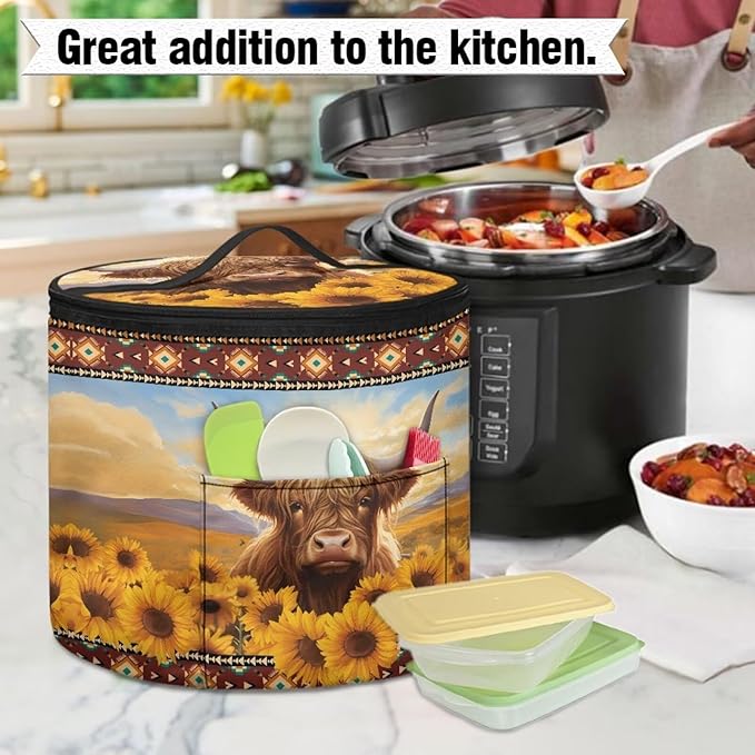Sunflower Electric Pressure Cooker Storage Bag Anti Splash Oil-proof Highland Cow Electric Pressure Cooker Insulation Bag Enclosed Bottom Aztec