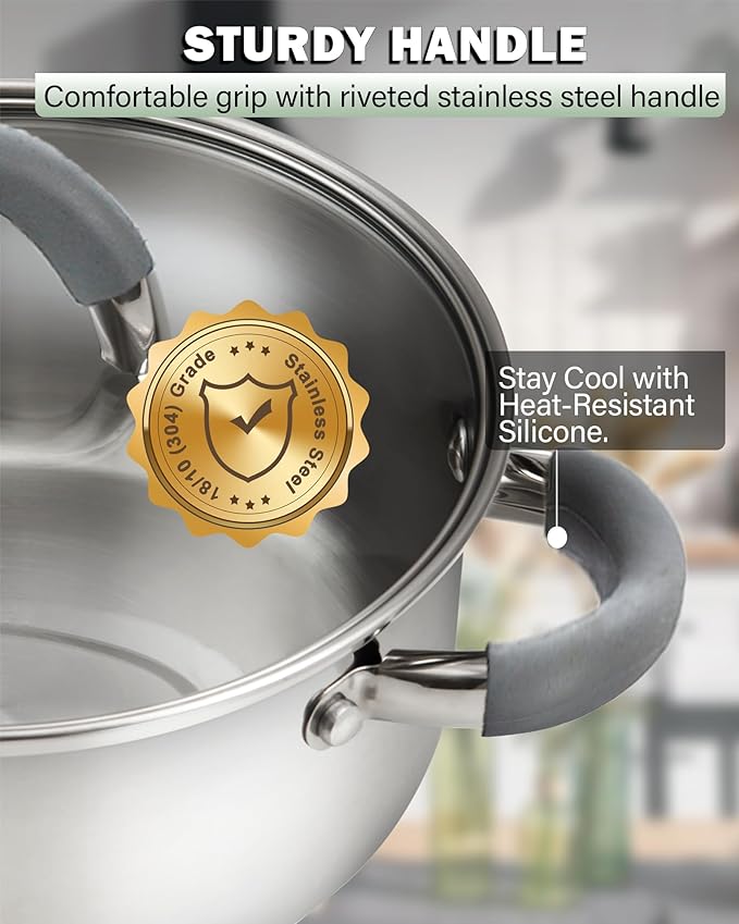 Cook N Home Stainless Steel Cookware Sets, 3-Ply 12 Pcs Pots and Pans Set with Stay-Cool Handle, Non-Toxic, Induction-Ready, Dishwasher & Oven Safe, Combatible w/ All Cooktops