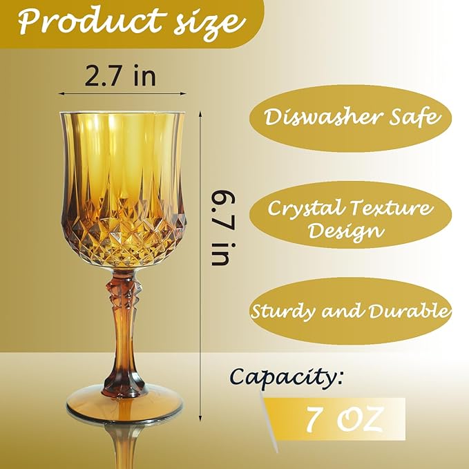 Plastic Wine Glasses, Plastic Goblets Vintage Style Cordial Unbreakable Drinking Glasses, Reusable Drinkware for Wedding Reception, Grand Event Party Supplies (24, Amber)