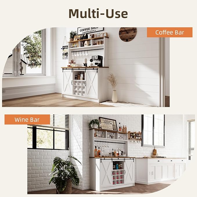 4ever2buy Farmhouse Coffee Bar Cabinet with Storage, 47”Coffee Bar with Sliding Barn Doors and 3 Storage Hutch, Hutch Cabin et with 6 Hooks & 9 Wine Racks for Dining Room, Kitchen, White