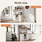 4ever2buy Farmhouse Coffee Bar Cabinet with Storage, 47”Coffee Bar with Sliding Barn Doors and 3 Storage Hutch, Hutch Cabin et with 6 Hooks & 9 Wine Racks for Dining Room, Kitchen, White