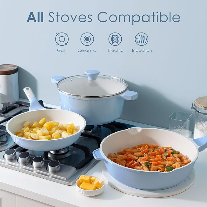 SENSARTE Nonstick Ceramic Cookware Set Large 13-Piece, Healthy Pots and Pans Set Dishwasher Safe, Non-toxic Kitchen Cooking Set with Stay-Cool Handles, Induction Compatible, PFAS Free, Blue