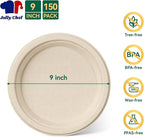 JOLLY CHEF 100% Compostable Paper Plates, 150 Pack 9 Inch Heavy Duty Plates, Disposable Biodegradable Eco-Friendly Sugarcane, Bulk Nature