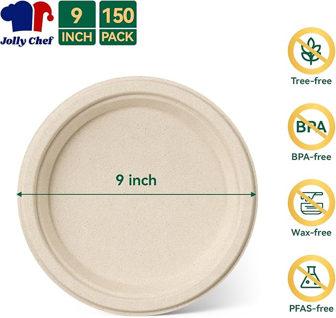 JOLLY CHEF 100% Compostable Paper Plates, 150 Pack 9 Inch Heavy Duty Plates, Disposable Biodegradable Eco-Friendly Sugarcane, Bulk Nature